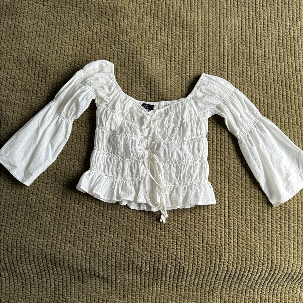 Blue Blush White Bell Sleeve Ruched Blouse